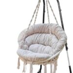 Hammock Chair with Cushion and Stand, Handmade Macrame Swing Chair with Hanging Hardware Kits, Bohemian Style Cotton Rope Hanging Chair for Bedroom Indoor Outdoor, Beige