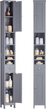 VASAGLE Tall Storage Cabinet with Lights, Slim Freestanding Cabinet with Adjustable Shelves, for Small Spaces, Bathroom, Living Room, Modern, 11.8 Inches Wide, Forest Green UBBC566C01 - Image 7