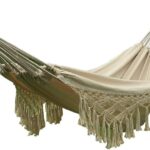 Handmade Cotton Woven Balcony Hammock Hanging Rope Chair Porch Swing with Crochet Fringe for Backyard Patio Garden Outdoor and Indoor Boho Style Natural White