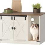 Hzuaneri Cat Litter Box Enclosure, Hidden Litter Box Cabinet Furniture with Bell, Indoor Cats House, Farmhouse Style, 31.5 x 19.7 x 20.9Inches, for Hallway, Bedroom, Rustic Brown and White CB82414X