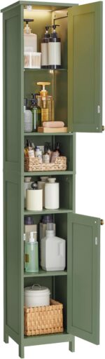 VASAGLE Tall Storage Cabinet with Lights, Slim Freestanding Cabinet with Adjustable Shelves, for Small Spaces, Bathroom, Living Room, Modern, 11.8 Inches Wide, Forest Green UBBC566C01 - Image 9
