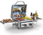 Cowsar Premium Dual-Burner Tabletop Gas Grill | 16,000 BTU Portable Propane Grill with 304 Stainless Steel & Dual Side Shelves – Compact Outdoor BBQ for Patio, Camping, and Backyard Grilling