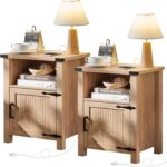 Joaxswe Boho Fluted Nightstand for Bedroom, 18" Rustic Night Stand with Charging Station & USB Port, Modern Accent Bedside Tables with Open Storage Shelf & Door, Wood End Table for Home, Natural Oak - Image 8