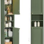 VASAGLE Tall Storage Cabinet with Lights, Slim Freestanding Cabinet with Adjustable Shelves, for Small Spaces, Bathroom, Living Room, Modern, 11.8 Inches Wide, Forest Green UBBC566C01