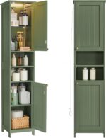 VASAGLE Tall Storage Cabinet with Lights, Slim Freestanding Cabinet with Adjustable Shelves, for Small Spaces, Bathroom, Living Room, Modern, 11.8 Inches Wide, Forest Green UBBC566C01