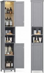 VASAGLE Tall Storage Cabinet with Lights, Slim Freestanding Cabinet with Adjustable Shelves, for Small Spaces, Bathroom, Living Room, Modern, 11.8 Inches Wide, Forest Green UBBC566C01 - Image 3