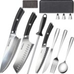 MOSFiATA Kitchen Knife Set, 17 Pcs Japanese Stainless Steel Knife Sets for Kitchen with Block with Knife Sharpening Rod, Dishwasher Safe, Titanium Plated Knife Block Set (Gray) - Image 8