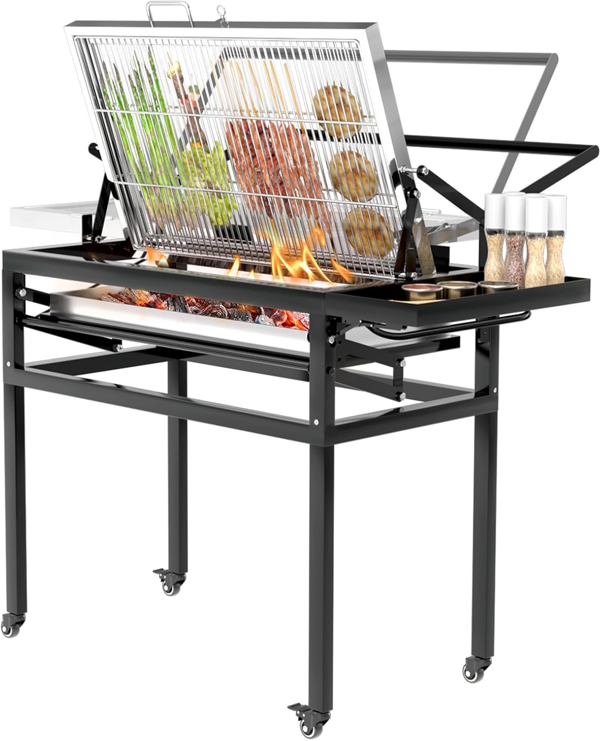 71iWTHGinCL._AC_SL1500_.jpg Flipping Charcoal Grill with Wheels, 360° Rotating BBQ Cooking Grid Stand-up Grills, Heavy Duty Square Outdoor Detachable Portable Grillfor Camping Garden Commercial Barbeque - Image 1