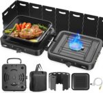 Camping Stove, 2 Burner Propane Stove With Grill,17,000 BTU Camp Stove, Foldable Camping Stove Propane Includes Carry Bag,Windscreen & Grill,Adjustable Burners & Piezo Ignition for Tailgating,BBQ,Camp