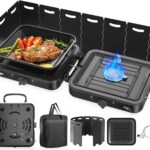 Camping Stove, 2 Burner Propane Stove With Grill,17,000 BTU Camp Stove, Foldable Camping Stove Propane Includes Carry Bag,Windscreen & Grill,Adjustable Burners & Piezo Ignition for Tailgating,BBQ,Camp