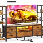 Casaottima TV Stand for 40/50/55 Inch TV, Low-Profile Entertainment Center with LED Lights & Power Outlets, TV Stand with Drawers & Open Shelves for Storage for Small Spaces/Living Room/Gaming, Black