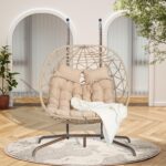 Double Egg Chair Swing Indoor Outdoor - Hanging Egg Chairs with Stand & Removable Cushion, Outdoor Egg Chair Swing with Wicker Rattan Basket for Bedroom, Balcony, Backyard (Dark Blue)