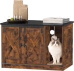 Hzuaneri Cat Litter Box Enclosure, Hidden Litter Box Cabinet Furniture with Bell, Indoor Cats House, Farmhouse Style, 31.5 x 19.7 x 20.9Inches, for Hallway, Bedroom, Rustic Brown and White CB82414X - Image 4