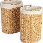 Household Essentials Handwoven Water Hyacinth Oval Hamper Set with Cotton Lining, Natural, Set of 2