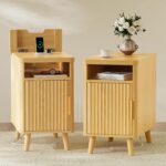 Huuger Narrow Nightstand with Charging Station, USB-C Port, Set of 2 Night Stand, Fluted End Table with Storage Cabinet, Back Rack, Side Table for Small Spaces, 13.4×23.6 Inch, Walnut
