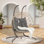 Double Egg Chair Swing Indoor Outdoor - Hanging Egg Chairs with Stand & Removable Cushion, Outdoor Egg Chair Swing with Wicker Rattan Basket for Bedroom, Balcony, Backyard (Dark Blue) - Image 3