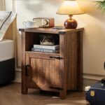 Joaxswe Boho Fluted Nightstand for Bedroom, 18" Rustic Night Stand with Charging Station & USB Port, Modern Accent Bedside Tables with Open Storage Shelf & Door, Wood End Table for Home, Natural Oak - Image 5