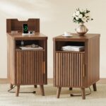 Huuger Narrow Nightstand with Charging Station, USB-C Port, Set of 2 Night Stand, Fluted End Table with Storage Cabinet, Back Rack, Side Table for Small Spaces, 13.4×23.6 Inch, Walnut - Image 3