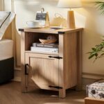 Joaxswe Boho Fluted Nightstand for Bedroom, 18" Rustic Night Stand with Charging Station & USB Port, Modern Accent Bedside Tables with Open Storage Shelf & Door, Wood End Table for Home, Natural Oak - Image 2
