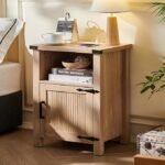 Joaxswe Boho Fluted Nightstand for Bedroom, 18" Rustic Night Stand with Charging Station & USB Port, Modern Accent Bedside Tables with Open Storage Shelf & Door, Wood End Table for Home, Natural Oak - Image 11