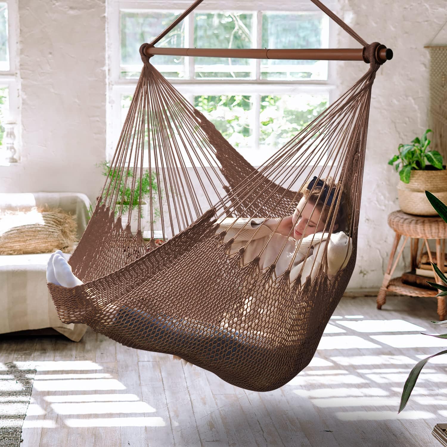81fKdjVyZGL._AC_SL1500_.jpg Upgraded Caribbean Hammock Chair with Detachable Metal Bar, Large Hammock Swing Chair, XL Rope Hanging Chair for Outdoor Indoor, 330 LBS Weight Capacity, Burlywood - Image 1