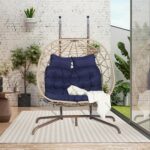 Double Egg Chair Swing Indoor Outdoor - Hanging Egg Chairs with Stand & Removable Cushion, Outdoor Egg Chair Swing with Wicker Rattan Basket for Bedroom, Balcony, Backyard (Dark Blue) - Image 2