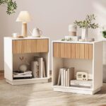 Fluted Nightstands Set of 2, Modern Bedside Table with Drawer and Storage Shelf, Wood End Table Mid Century Night Stands for Bedroom Living Room Sofa Couch Office (White+Oak) - Image 3