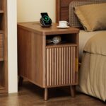 Huuger Narrow Nightstand with Charging Station, USB-C Port, Set of 2 Night Stand, Fluted End Table with Storage Cabinet, Back Rack, Side Table for Small Spaces, 13.4×23.6 Inch, Walnut - Image 4