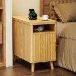 Huuger Narrow Nightstand with Charging Station, USB-C Port, Set of 2 Night Stand, Fluted End Table with Storage Cabinet, Back Rack, Side Table for Small Spaces, 13.4×23.6 Inch, Walnut - Image 2